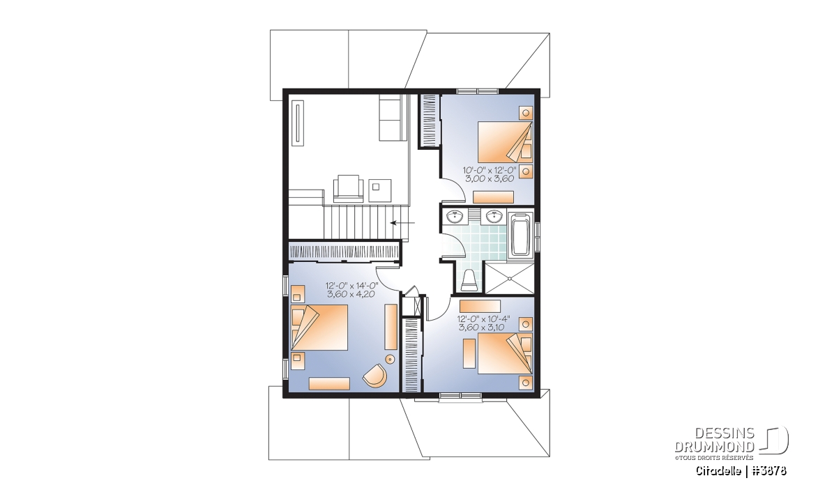Étage - Plan de maison moderne, 3 chambres, garage, mezzanine, terrasse abritée, salle d'eau et buanderie au premier - Citadelle