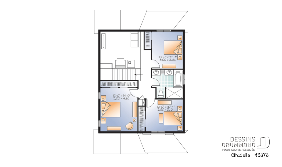 Étage - Plan de maison moderne, 3 chambres, garage, mezzanine, terrasse abritée, salle d'eau et buanderie au premier - Citadelle