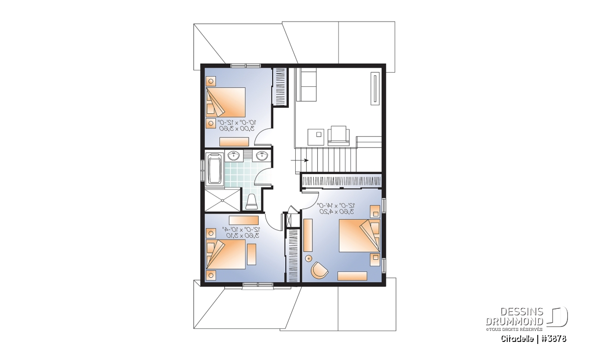Étage - Plan de maison moderne, 3 chambres, garage, mezzanine, terrasse abritée, salle d'eau et buanderie au premier - Citadelle
