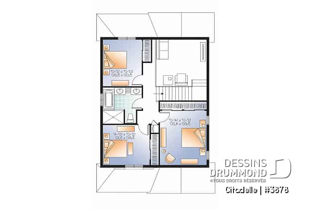 Étage - Plan de maison moderne, 3 chambres, garage, mezzanine, terrasse abritée, salle d'eau et buanderie au premier - Citadelle