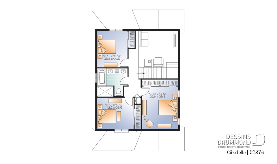 Étage - Plan de maison moderne, 3 chambres, garage, mezzanine, terrasse abritée, salle d'eau et buanderie au premier - Citadelle