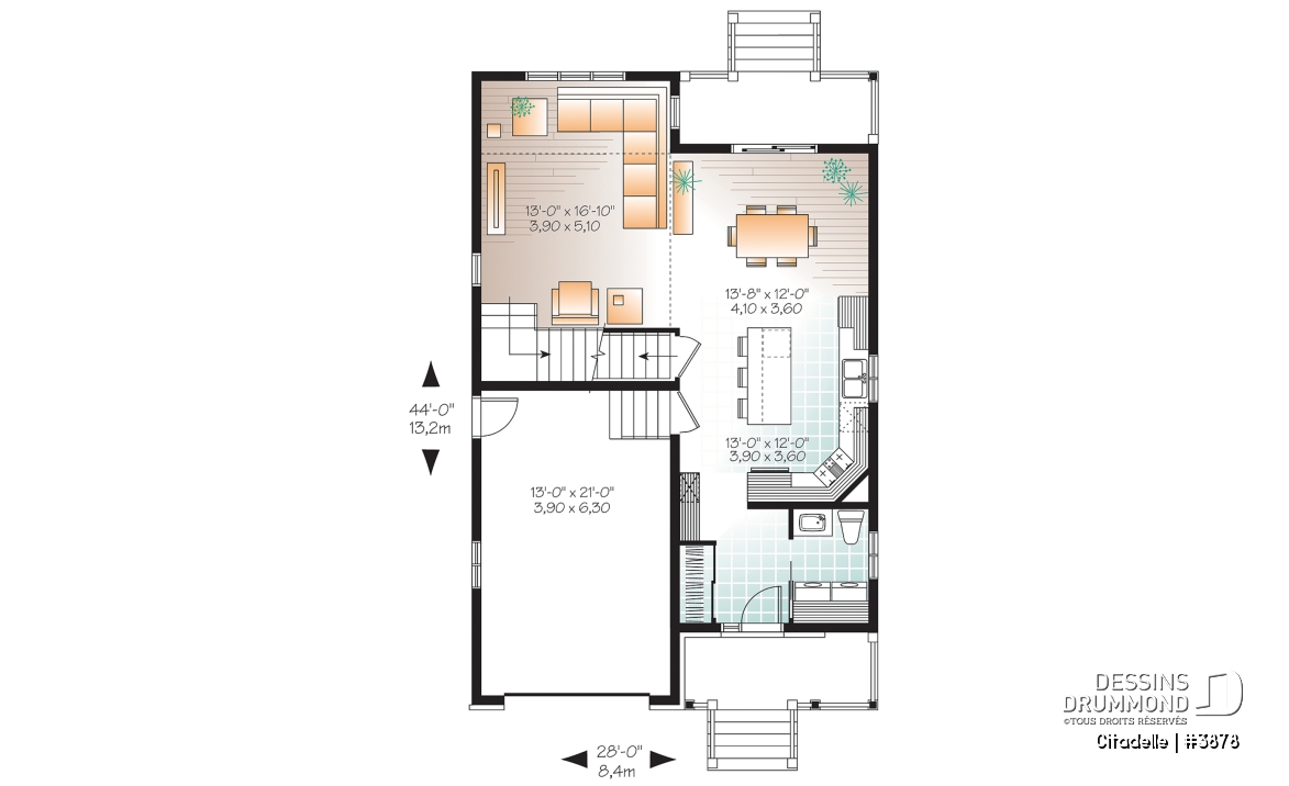 Rez-de-chaussée - Plan de maison moderne, 3 chambres, garage, mezzanine, terrasse abritée, salle d'eau et buanderie au premier - Citadelle