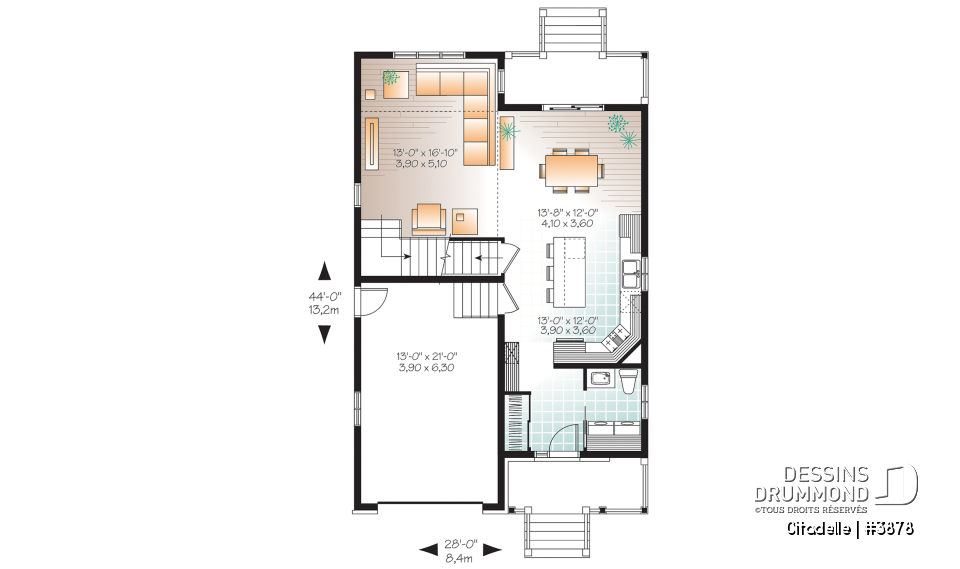 Rez-de-chaussée - Plan de maison moderne, 3 chambres, garage, mezzanine, terrasse abritée, salle d'eau et buanderie au premier - Citadelle