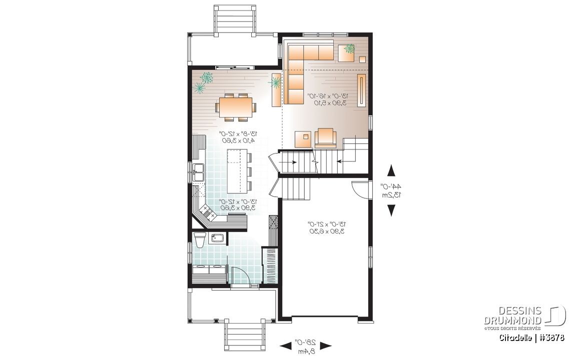 Rez-de-chaussée - Plan de maison moderne, 3 chambres, garage, mezzanine, terrasse abritée, salle d'eau et buanderie au premier - Citadelle