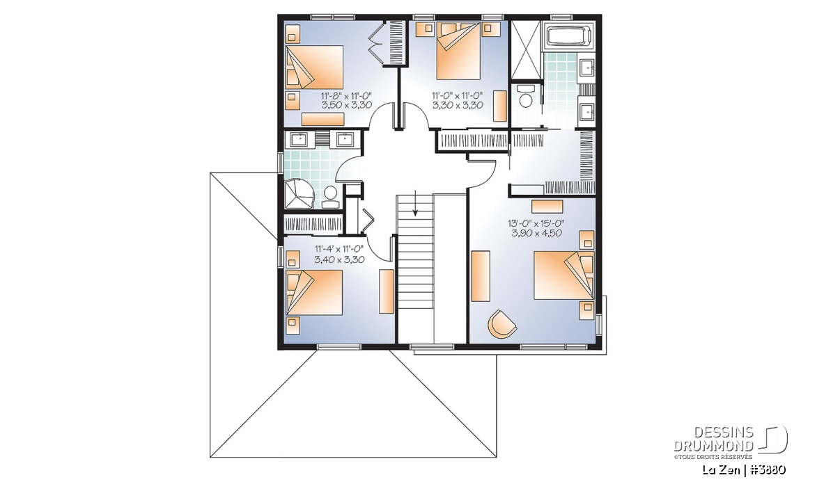 Étage - Plan de maison contemporaine moderne, 4 chambres,  garage, garde-manger, buanderie, espace ouvert - La Zen