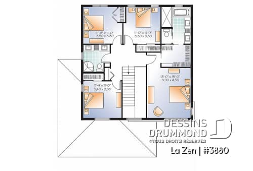 Étage - Plan de maison contemporaine moderne, 4 chambres,  garage, garde-manger, buanderie, espace ouvert - La Zen