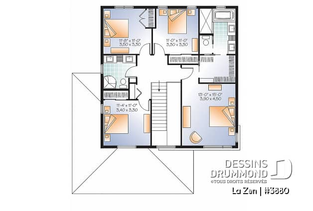 Étage - Plan de maison contemporaine moderne, 4 chambres,  garage, garde-manger, buanderie, espace ouvert - La Zen