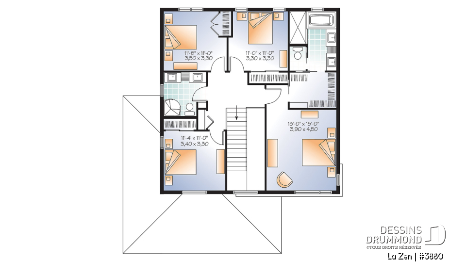 Étage - Plan de maison contemporaine moderne, 4 chambres,  garage, garde-manger, buanderie, espace ouvert - La Zen
