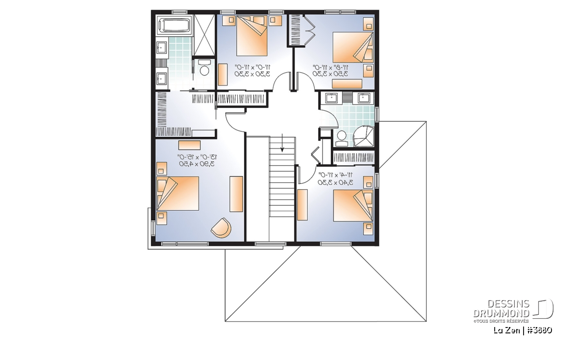 Étage - Plan de maison contemporaine moderne, 4 chambres,  garage, garde-manger, buanderie, espace ouvert - La Zen