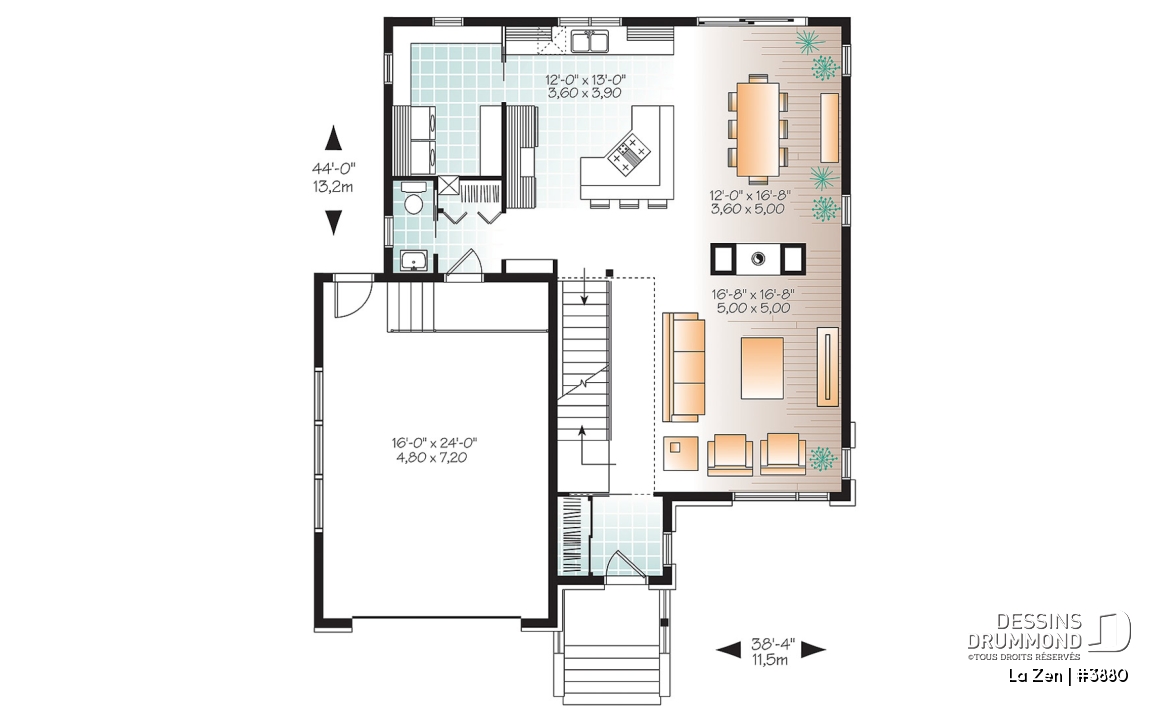 Rez-de-chaussée - Plan de maison contemporaine moderne, 4 chambres,  garage, garde-manger, buanderie, espace ouvert - La Zen