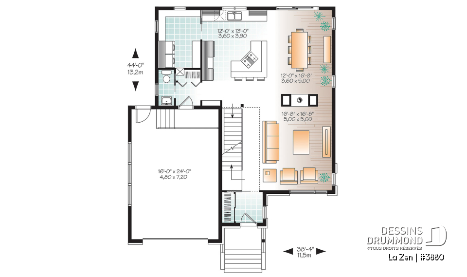 Rez-de-chaussée - Plan de maison contemporaine moderne, 4 chambres,  garage, garde-manger, buanderie, espace ouvert - La Zen
