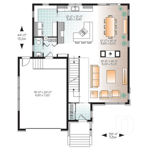 Rez-de-chaussée - Plan de maison contemporaine moderne, 4 chambres,  garage, garde-manger, buanderie, espace ouvert - La Zen