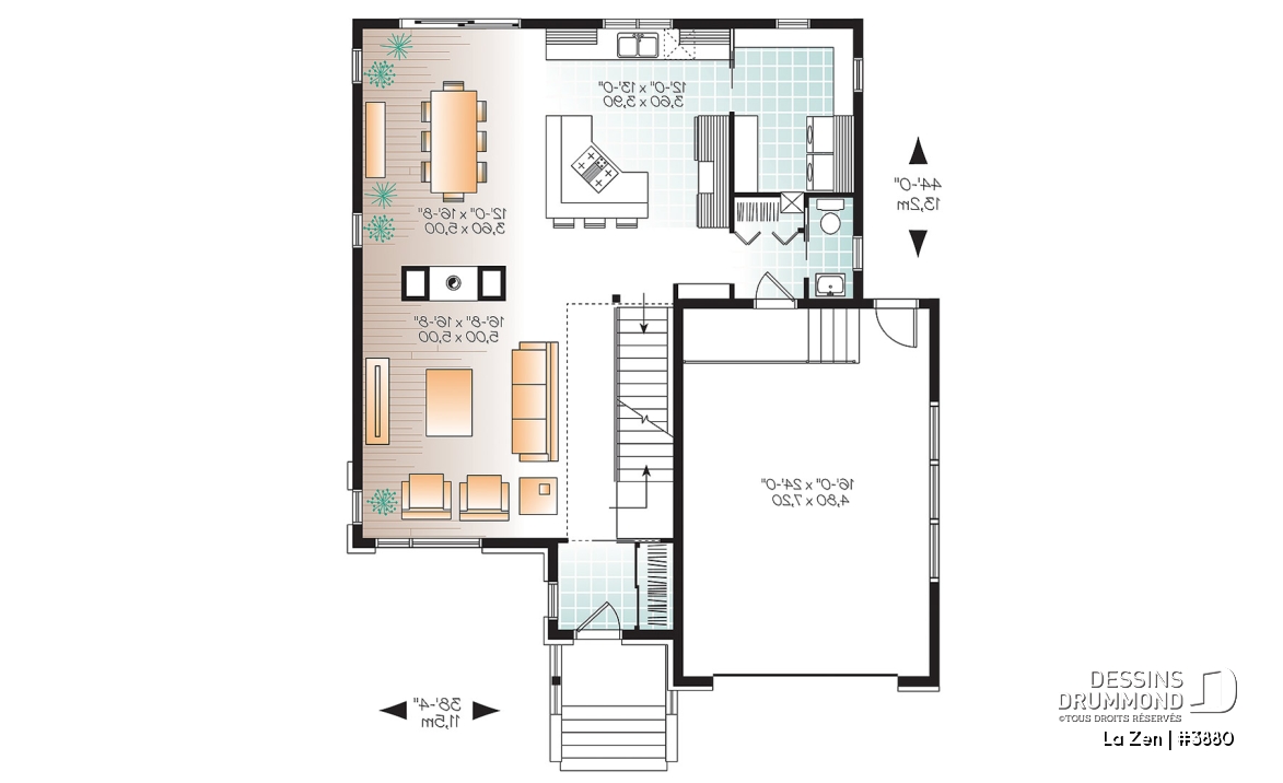 Rez-de-chaussée - Plan de maison contemporaine moderne, 4 chambres,  garage, garde-manger, buanderie, espace ouvert - La Zen