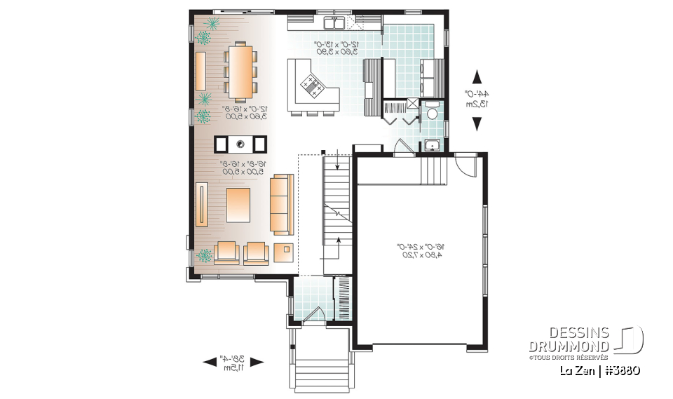 Rez-de-chaussée - Plan de maison contemporaine moderne, 4 chambres,  garage, garde-manger, buanderie, espace ouvert - La Zen