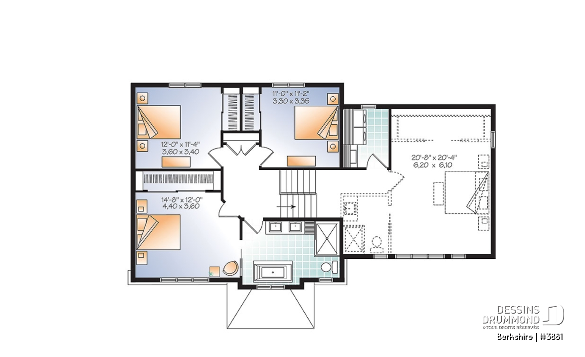 Étage - Plan de maison pour famille, 3 à 4 chambres, garage double, grand îlot à la cuisine, foyer - Berkshire