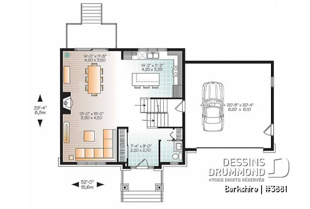 Rez-de-chaussée - Plan de maison pour famille, 3 à 4 chambres, garage double, grand îlot à la cuisine, foyer - Berkshire