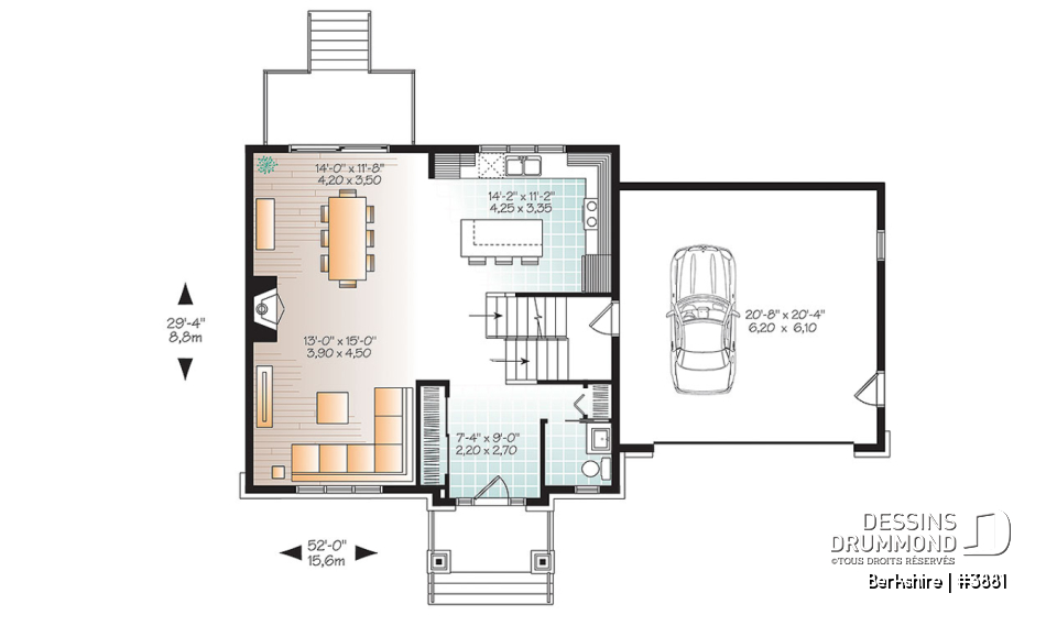 Rez-de-chaussée - Plan de maison pour famille, 3 à 4 chambres, garage double, grand îlot à la cuisine, foyer - Berkshire