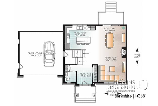 Rez-de-chaussée - Plan de maison pour famille, 3 à 4 chambres, garage double, grand îlot à la cuisine, foyer - Berkshire