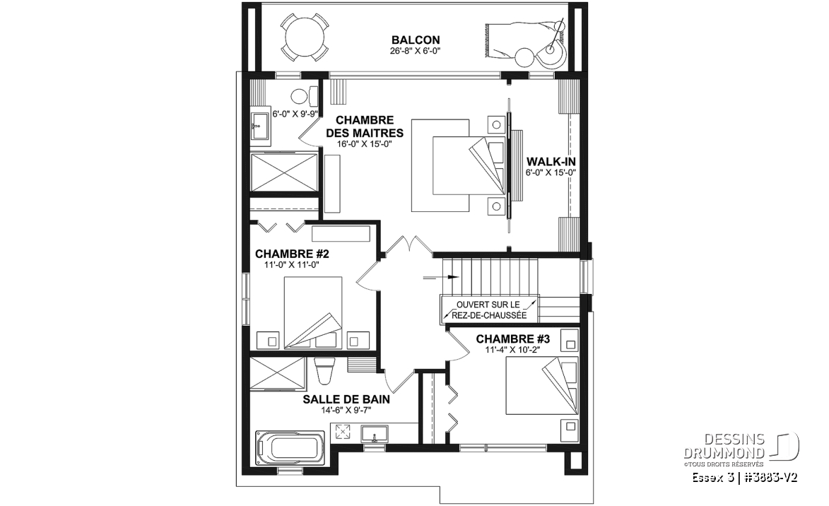 Étage - Plan contemporain 3 chambres, îlot &amp; garde-manger, buanderie, chute linge, vestibule fermé, bureau à domicile - Essex 3