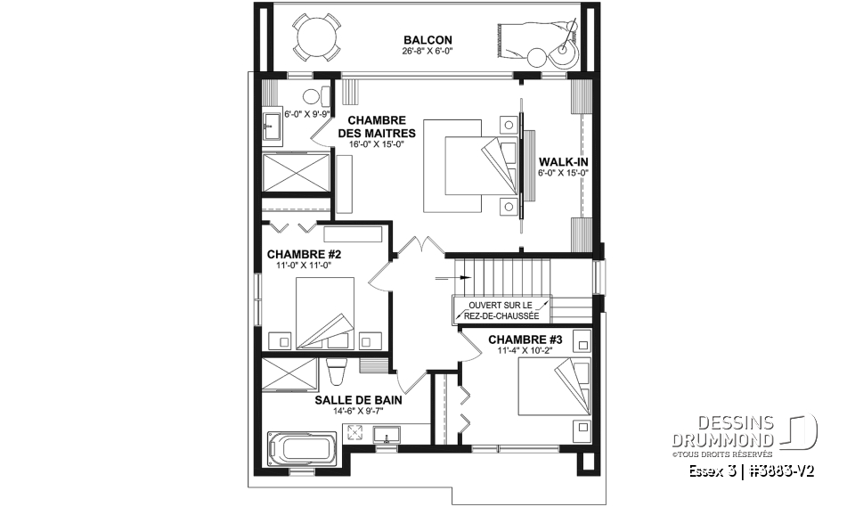 Étage - Plan contemporain 3 chambres, îlot &amp; garde-manger, buanderie, chute linge, vestibule fermé, bureau à domicile - Essex 3