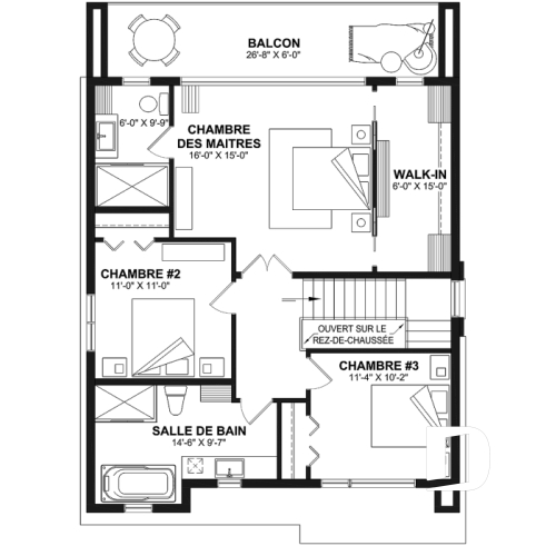 Étage - Plan contemporain 3 chambres, îlot & garde-manger, buanderie, chute linge, vestibule fermé, bureau à domicile - Essex 3