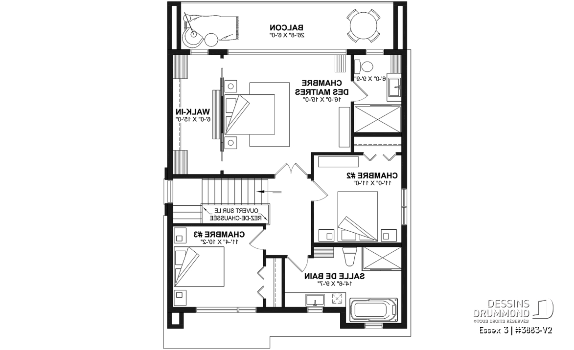 Étage - Plan contemporain 3 chambres, îlot &amp; garde-manger, buanderie, chute linge, vestibule fermé, bureau à domicile - Essex 3