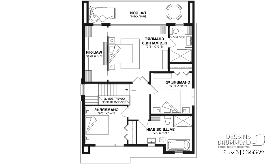 Étage - Plan contemporain 3 chambres, îlot &amp; garde-manger, buanderie, chute linge, vestibule fermé, bureau à domicile - Essex 3