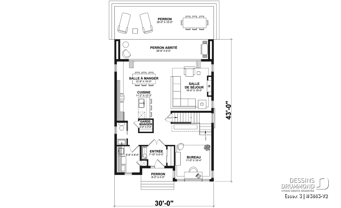Rez-de-chaussée - Plan contemporain 3 chambres, îlot &amp; garde-manger, buanderie, chute linge, vestibule fermé, bureau à domicile - Essex 3
