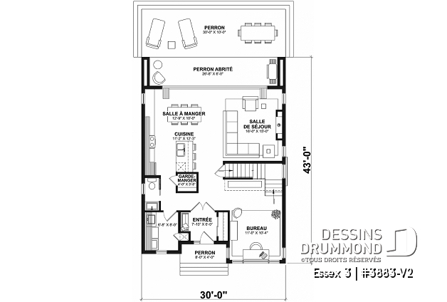 Rez-de-chaussée - Plan contemporain 3 chambres, îlot & garde-manger, buanderie, chute linge, vestibule fermé, bureau à domicile - Essex 3