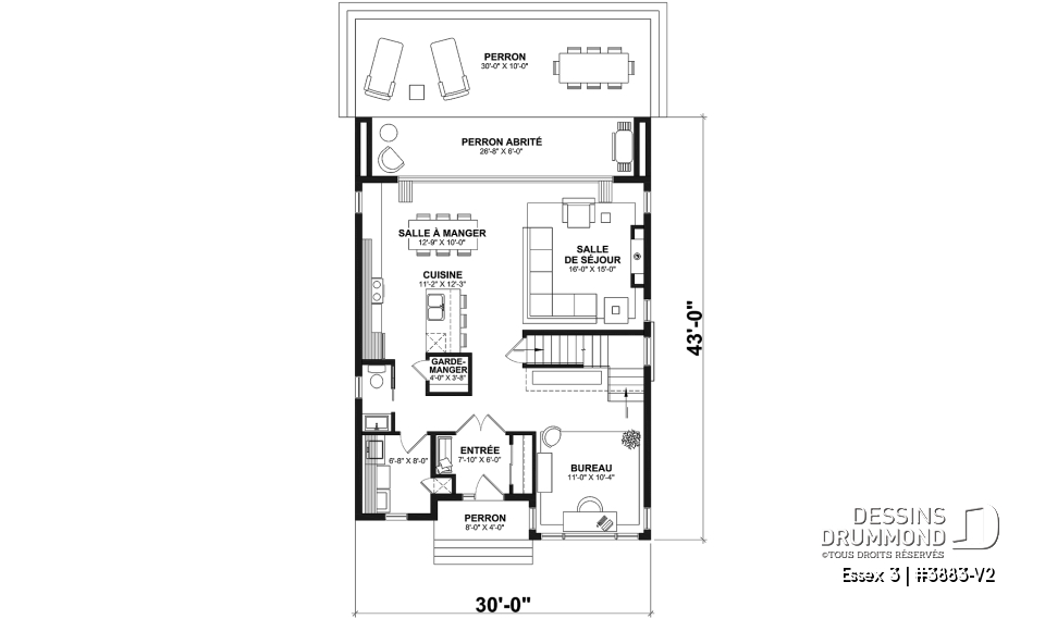 Rez-de-chaussée - Plan contemporain 3 chambres, îlot &amp; garde-manger, buanderie, chute linge, vestibule fermé, bureau à domicile - Essex 3