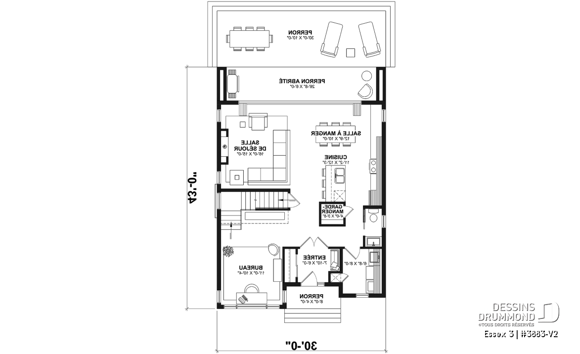Rez-de-chaussée - Plan contemporain 3 chambres, îlot &amp; garde-manger, buanderie, chute linge, vestibule fermé, bureau à domicile - Essex 3