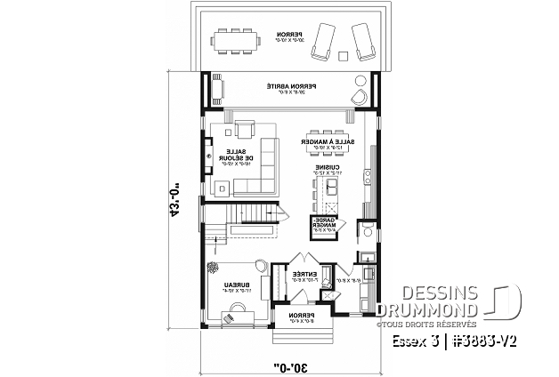 Rez-de-chaussée - Plan contemporain 3 chambres, îlot & garde-manger, buanderie, chute linge, vestibule fermé, bureau à domicile - Essex 3