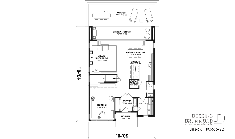 Rez-de-chaussée - Plan contemporain 3 chambres, îlot &amp; garde-manger, buanderie, chute linge, vestibule fermé, bureau à domicile - Essex 3