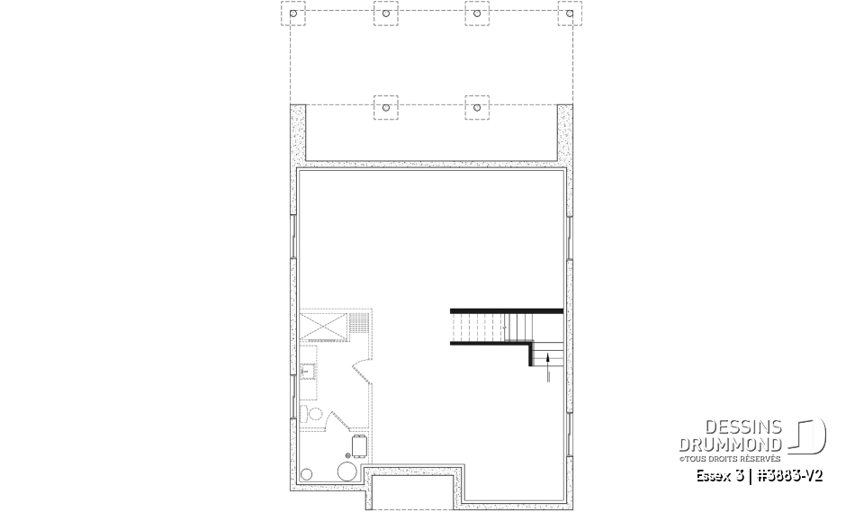 Sous-sol - Plan contemporain 3 chambres, îlot &amp; garde-manger, buanderie, chute linge, vestibule fermé, bureau à domicile - Essex 3