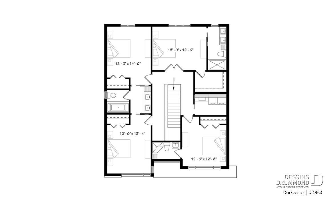 Étage - Modèle contemporain, 4 chambres, 3 salles de bain, bureau à domicile, grande cuisine et aire ouverte - Corbusier