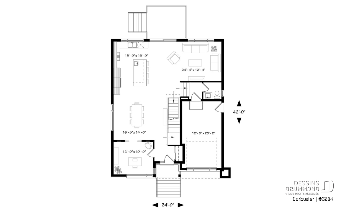 Rez-de-chaussée - Modèle contemporain, 4 chambres, 3 salles de bain, bureau à domicile, grande cuisine et aire ouverte - Corbusier