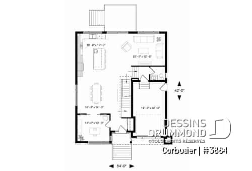 Rez-de-chaussée - Modèle contemporain, 4 chambres, 3 salles de bain, bureau à domicile, grande cuisine et aire ouverte - Corbusier