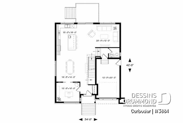 Rez-de-chaussée - Modèle contemporain, 4 chambres, 3 salles de bain, bureau à domicile, grande cuisine et aire ouverte - Corbusier