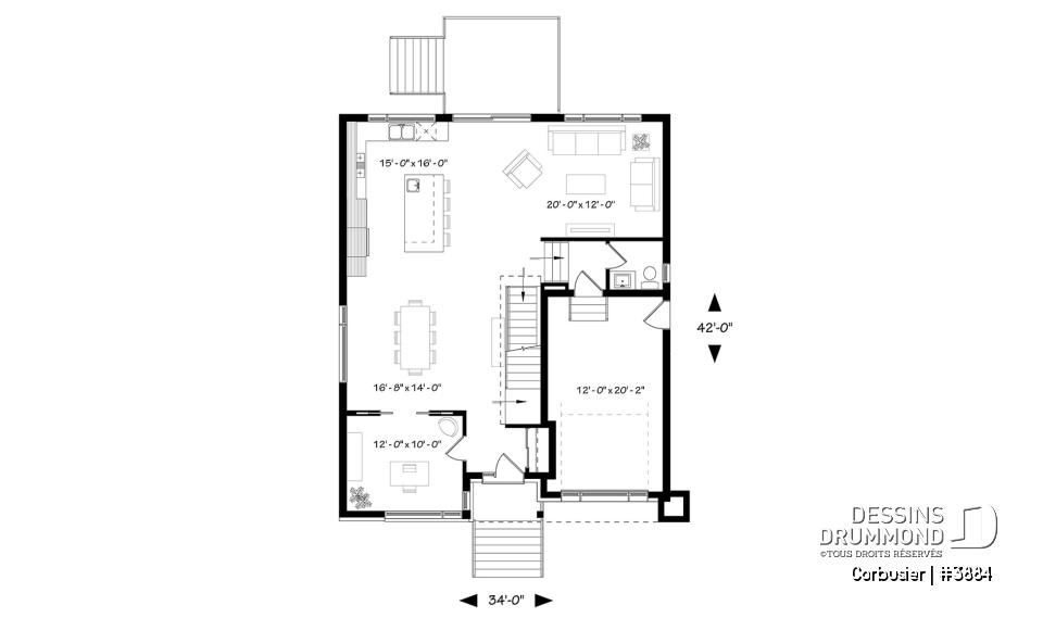Rez-de-chaussée - Modèle contemporain, 4 chambres, 3 salles de bain, bureau à domicile, grande cuisine et aire ouverte - Corbusier