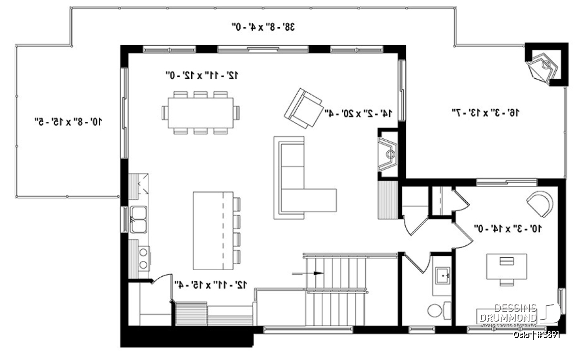 Étage - Plan de maison scandinave 3 à 4 chambres, planchers inversés (chambres au RDC et reste à l'étage) - Oslo