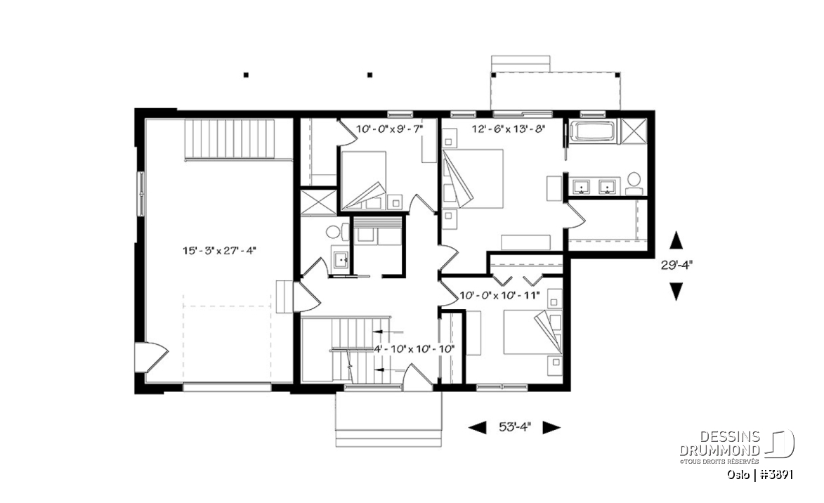 Rez-de-chaussée - Plan de maison scandinave 3 à 4 chambres, planchers inversés (chambres au RDC et reste à l'étage) - Oslo