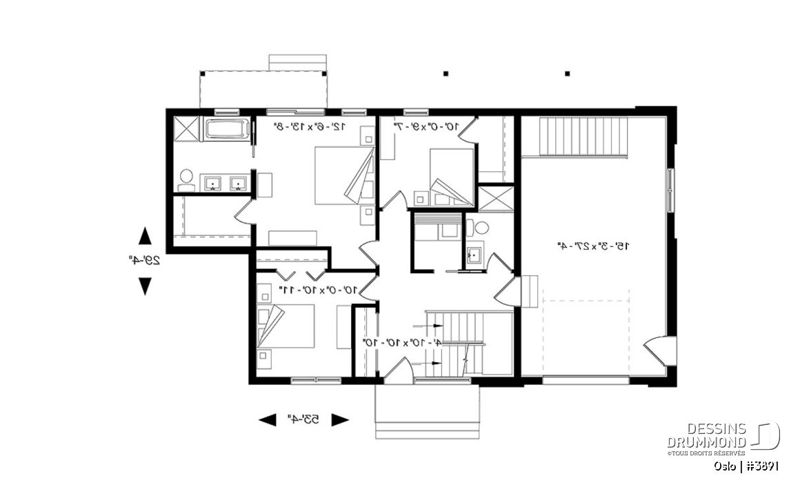 Rez-de-chaussée - Plan de maison scandinave 3 à 4 chambres, planchers inversés (chambres au RDC et reste à l'étage) - Oslo