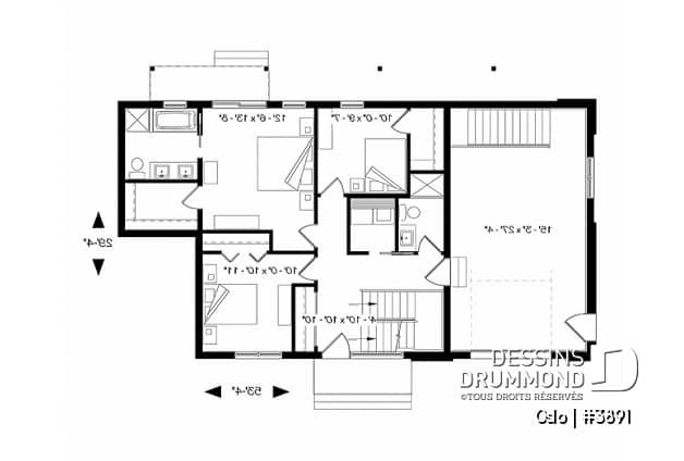Rez-de-chaussée - Plan de maison scandinave 3 à 4 chambres, planchers inversés (chambres au RDC et reste à l'étage) - Oslo