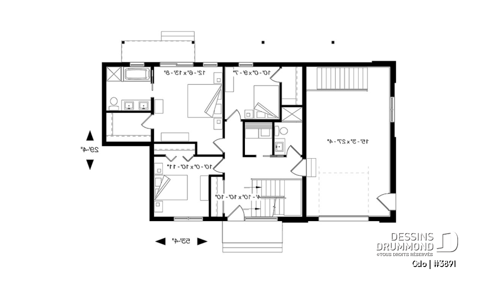 Rez-de-chaussée - Plan de maison scandinave 3 à 4 chambres, planchers inversés (chambres au RDC et reste à l'étage) - Oslo