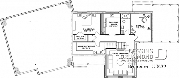Sous-sol aménagé (Optionel $) du plan de maison unifamiliale 3892 Sous-sol aménagé (Optionel $) - Superbe fenestration, maison familiale de 5 chambres, garage double spacieux, abri moustiquaire - Riverview