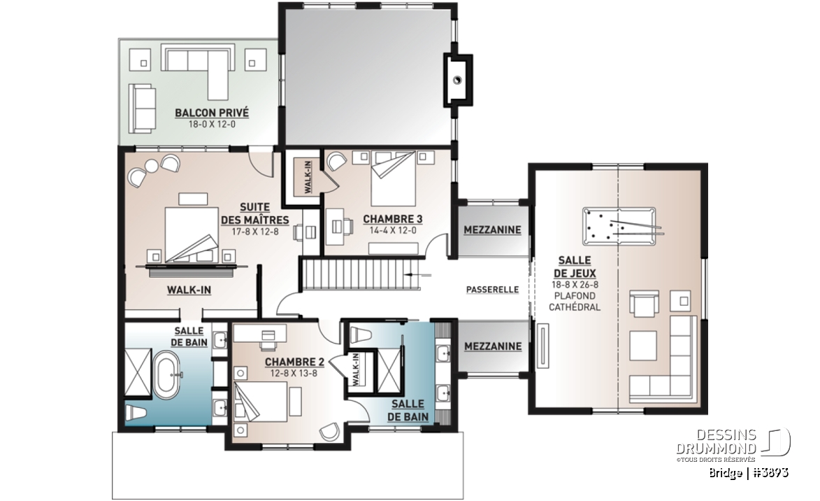 Étage - Plan maison 4 chambres, moderne rustique, 3 salles de bain, grand garage, salon avec plafond 20 pi. - Bridge