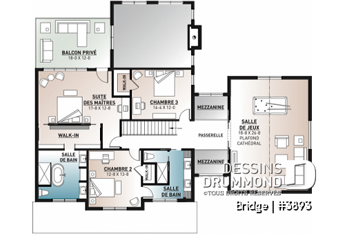 Étage - Plan maison 4 chambres, moderne rustique, 3 salles de bain, grand garage, salon avec plafond 20 pi. - Bridge