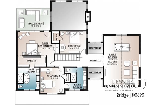 Étage - Plan maison 4 chambres, moderne rustique, 3 salles de bain, grand garage, salon avec plafond 20 pi. - Bridge