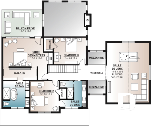 Étage - Plan maison 4 chambres, moderne rustique, 3 salles de bain, grand garage, salon avec plafond 20 pi. - Bridge
