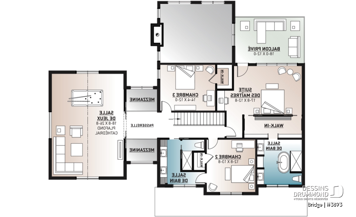 Étage - Plan maison 4 chambres, moderne rustique, 3 salles de bain, grand garage, salon avec plafond 20 pi. - Bridge